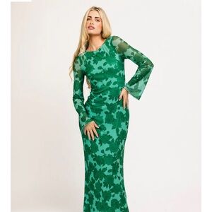 Chic Green Leaf Pattern Long Sleeve Dress